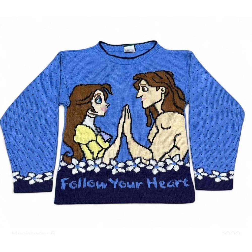 Vintage Disney Tarzan Jane Follow Your Heart Knit Sweater Youth Blue 90s